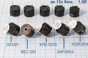 Зуммер магнитоэлектрический без генератора, 12x 9, напряжение 1.5В, сопротивление 6.5 Ом, частота 2.4 кГц, 2P6.5, HCM1201A