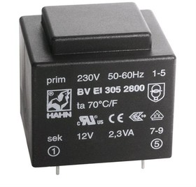 BVEI3052056, Трансформатор залитый, 3ВА, 230ВAC, 9В, 9В, Монтаж PCB, IP00